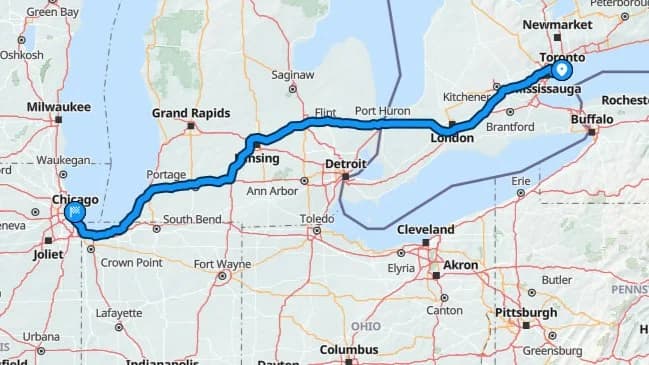 Map of Toronto to Chicago route