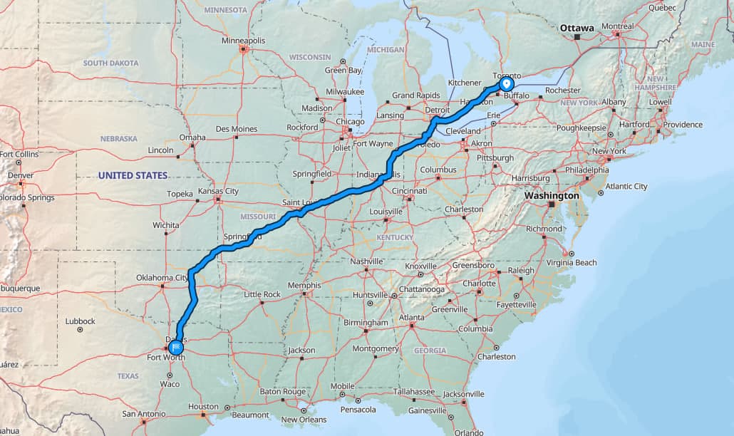 Map of Toronto to Dallas route