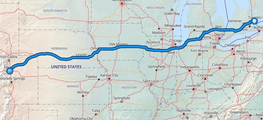 Map showing Toronto to Denver route