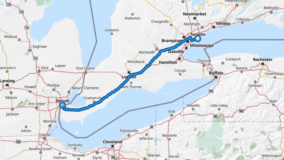 Map showing Toronto to Detroit route