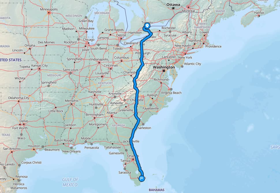 Route map from Toronto to Fort Lauderdale