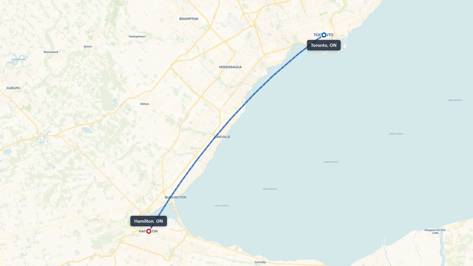 Route map showing car shipping from Toronto to Hamilton