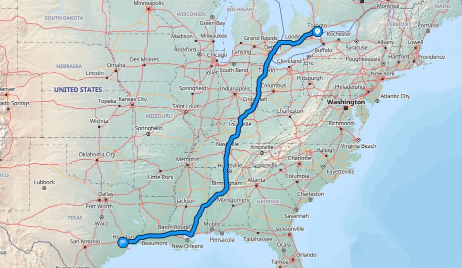 Map of Toronto to Houston route