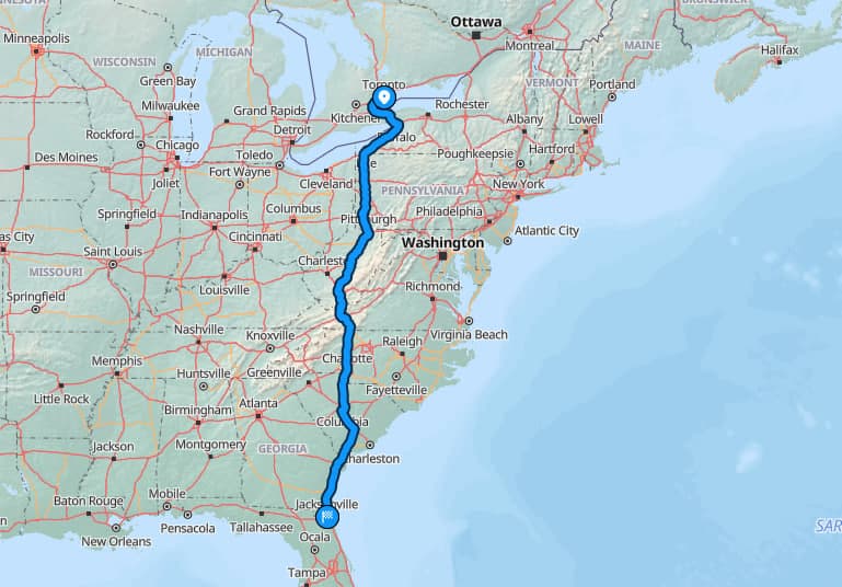 Route map from Toronto to Jacksonville
