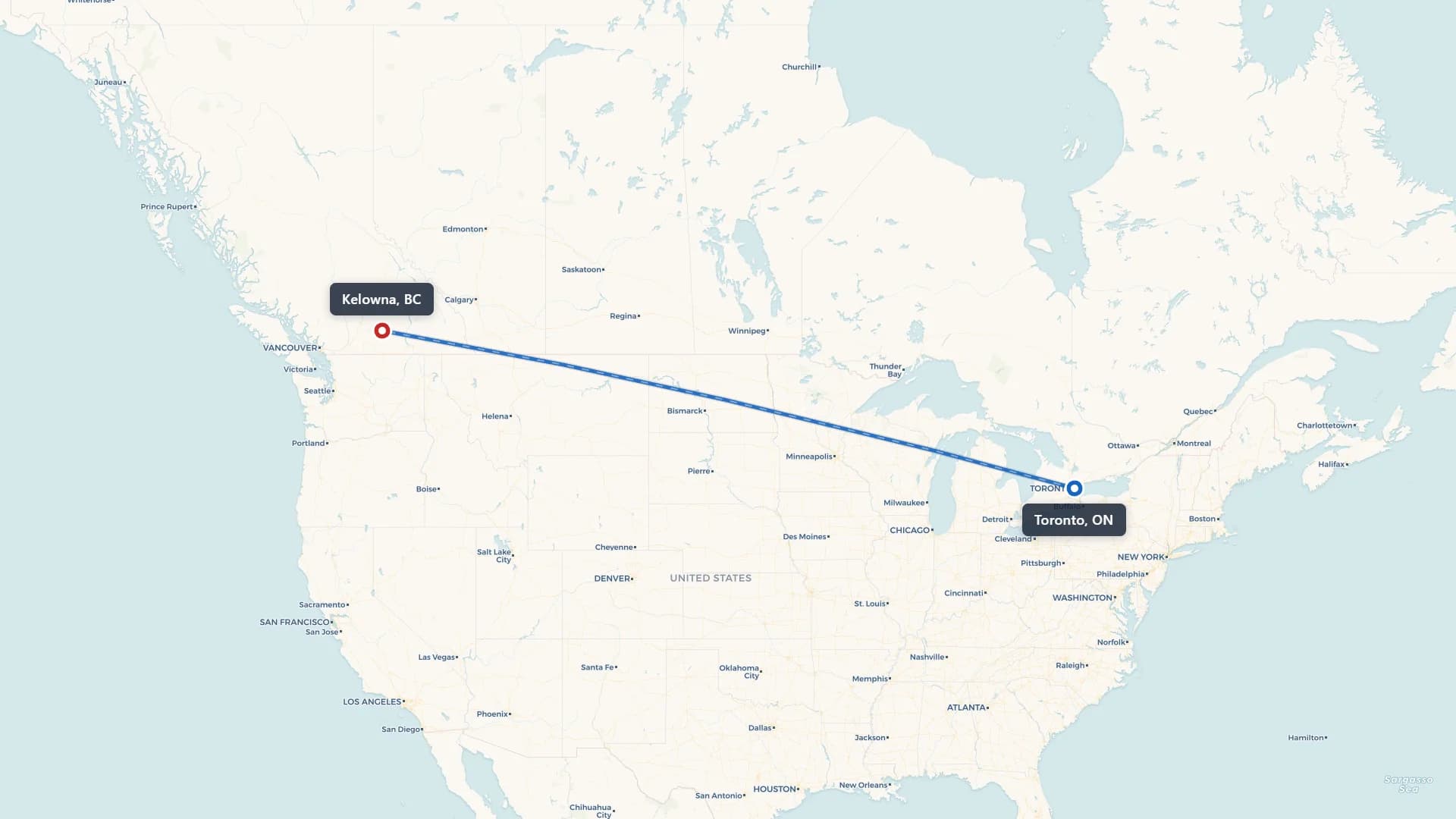 Route map showing car shipping from Toronto to Kelowna