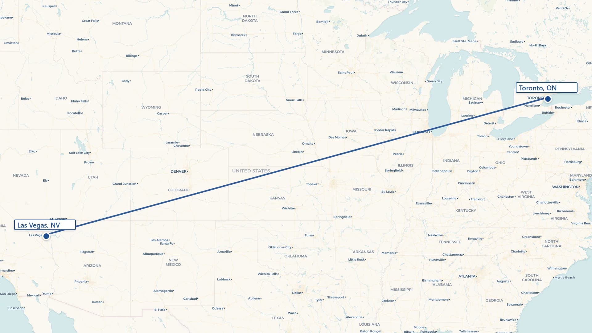 Map showing Toronto to Las Vegas cross-border shipping route