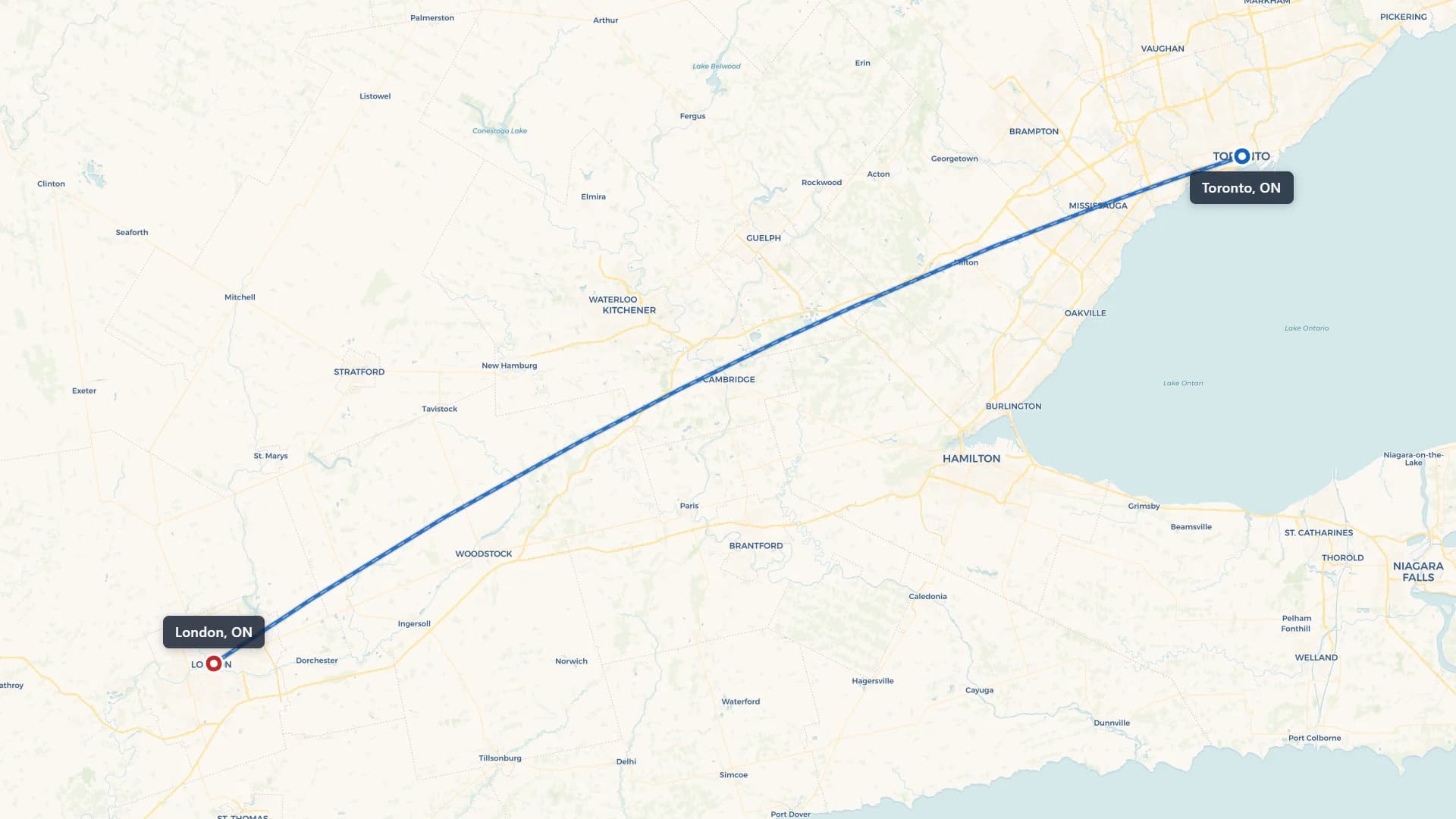 Route map showing car shipping from Toronto to London