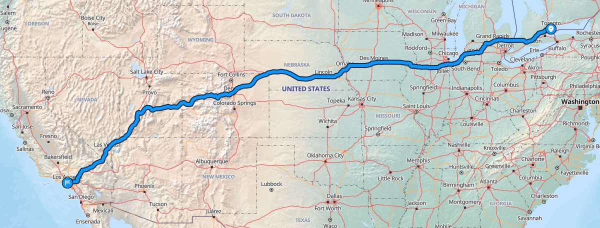 Map showing Toronto to Los Angeles route
