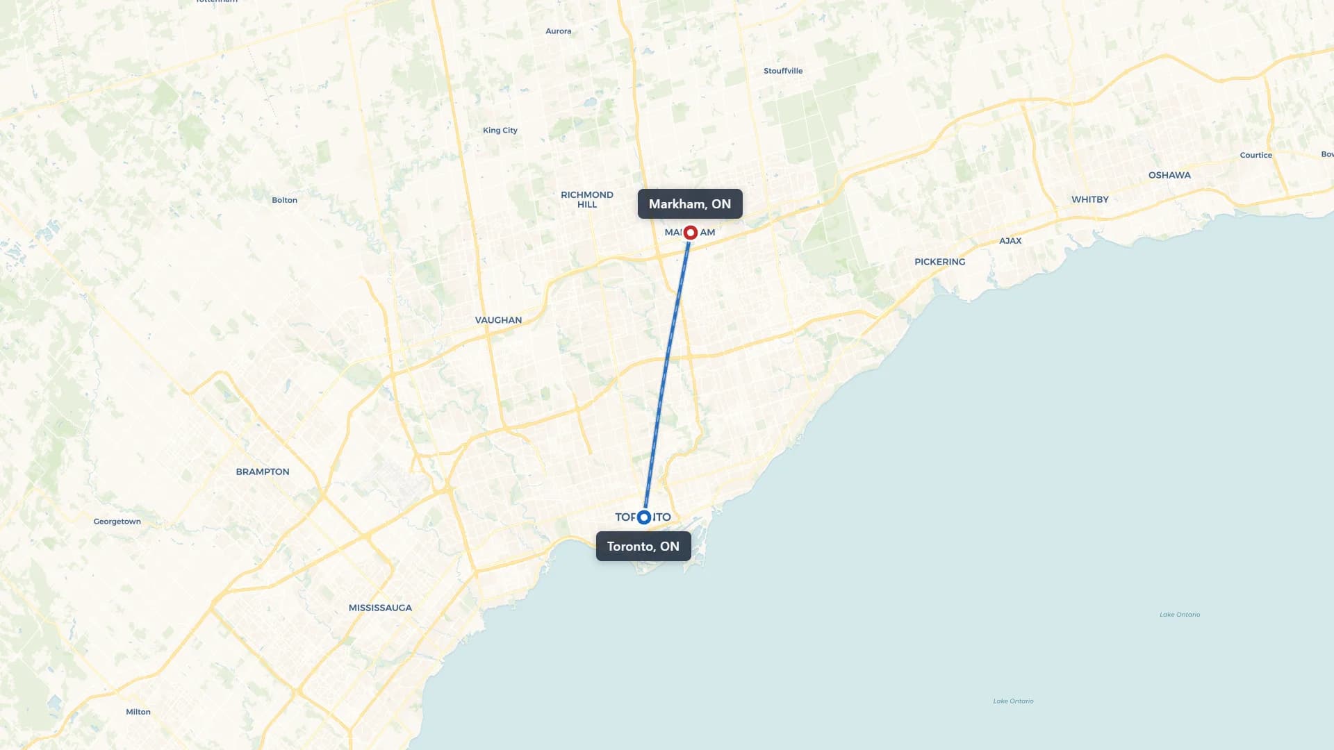 Route map showing car shipping from Toronto to Markham