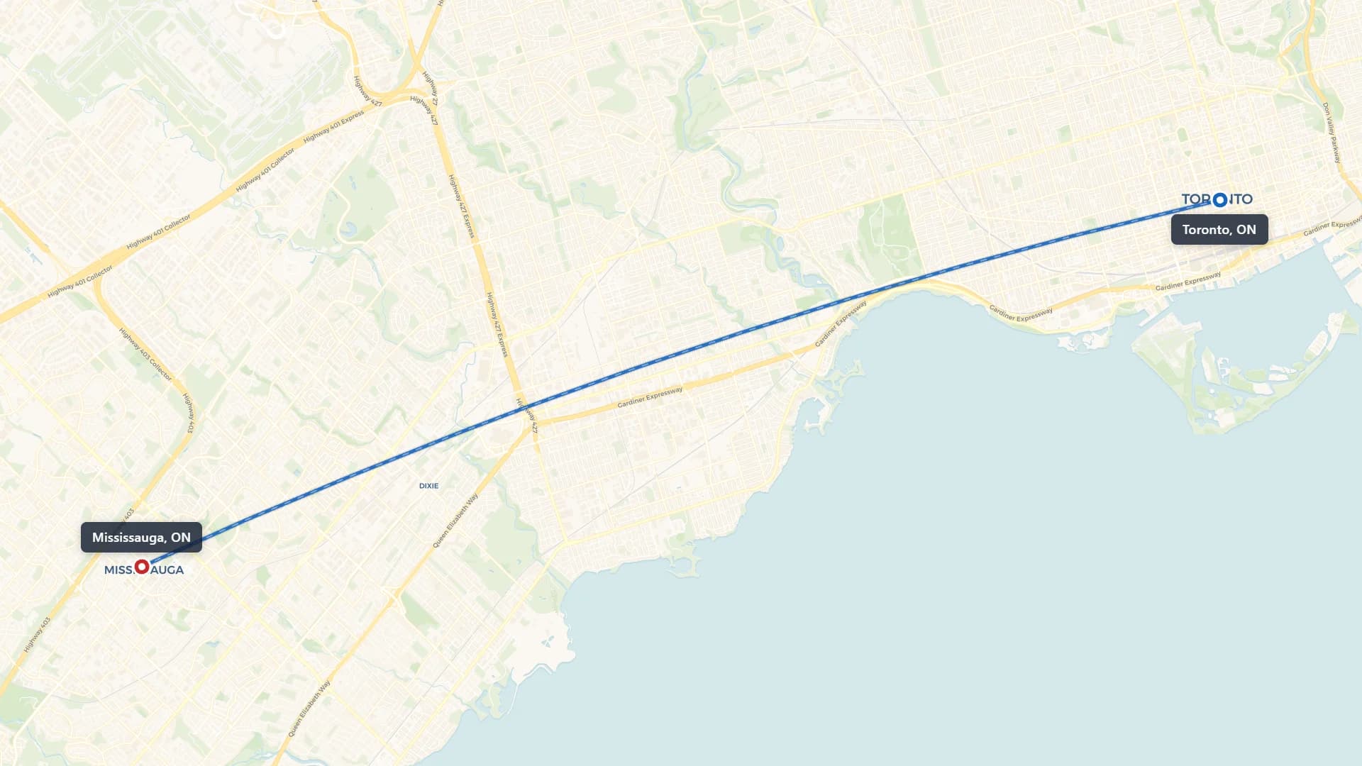 Route map showing car shipping from Toronto to Mississauga