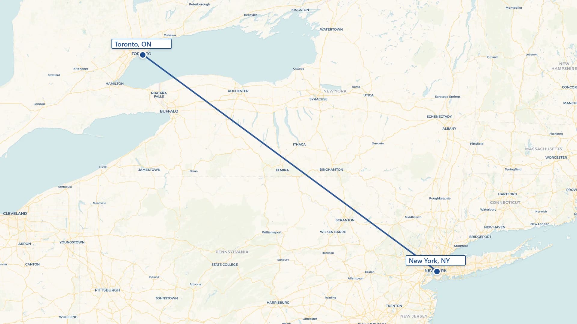 Map showing Toronto to New York cross-border shipping route