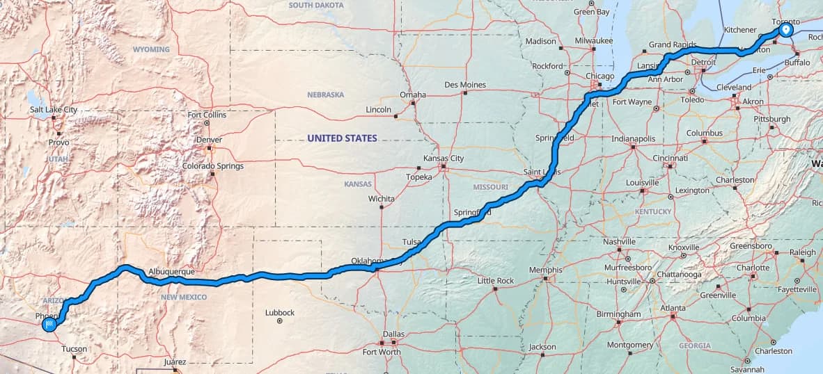 Map showing Toronto to Phoenix route