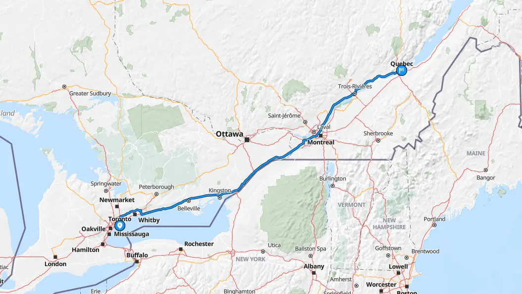 Toronto to Quebec City car shipping map