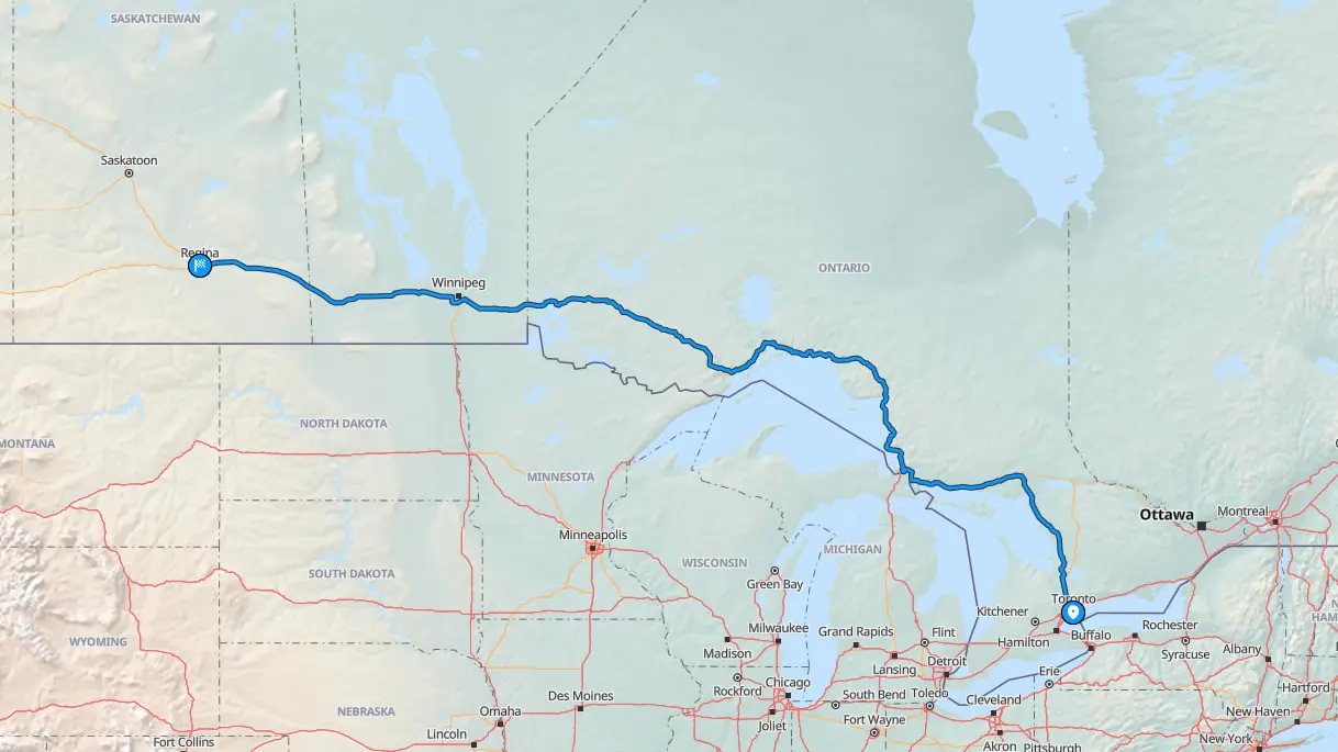 Toronto to Regina route illustration