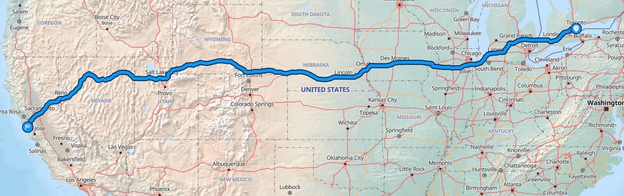 Map showing Toronto to San Francisco route