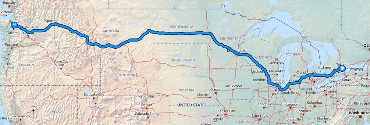 Map showing Toronto to Seattle route