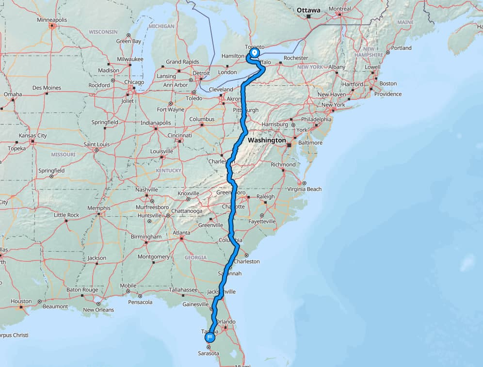 Route map from Toronto to Tampa Bay