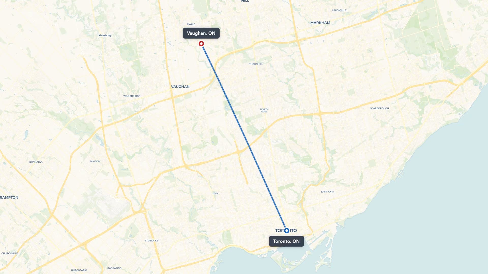 Route map showing car shipping from Toronto to Vaughan