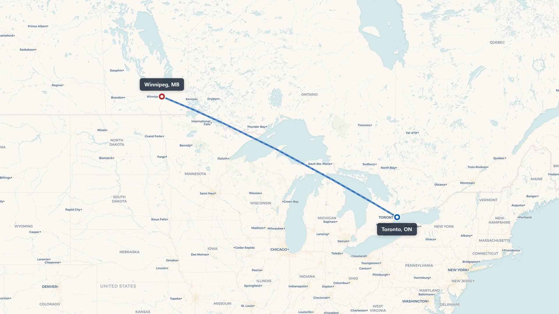 Route map showing car shipping from Toronto to Winnipeg