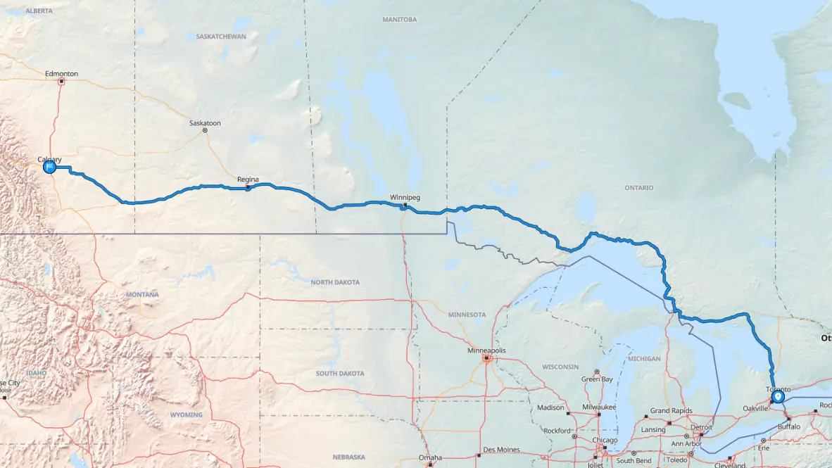 Map with vehicle route from Toronto to Calgary