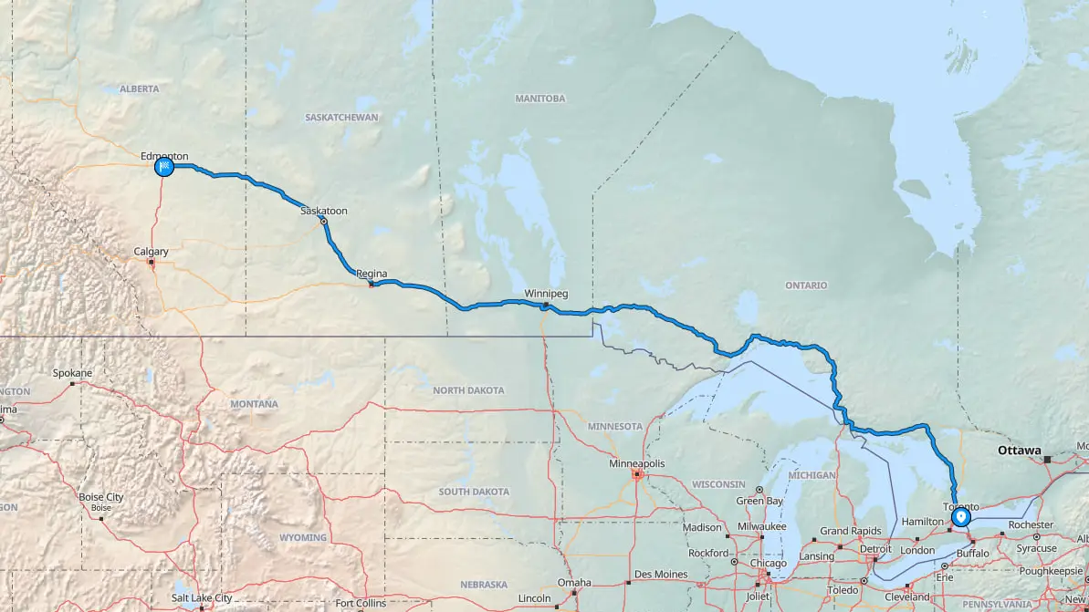 Toronto to Edmonton route map with car shipping path