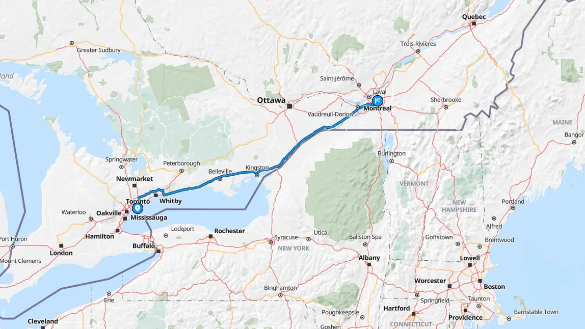 Route map from Toronto to Montreal