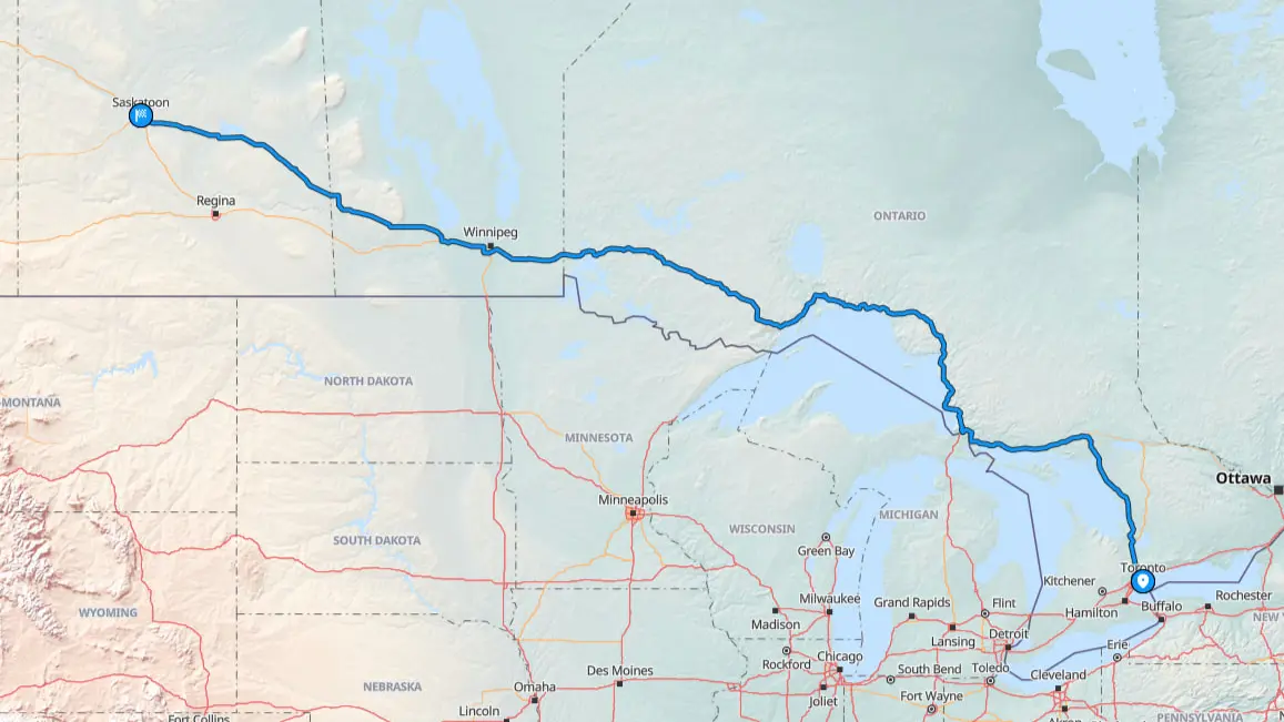 Toronto to Saskatoon route with car transport