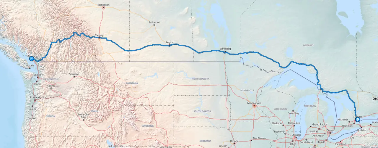 Route map from Toronto to Vancouver