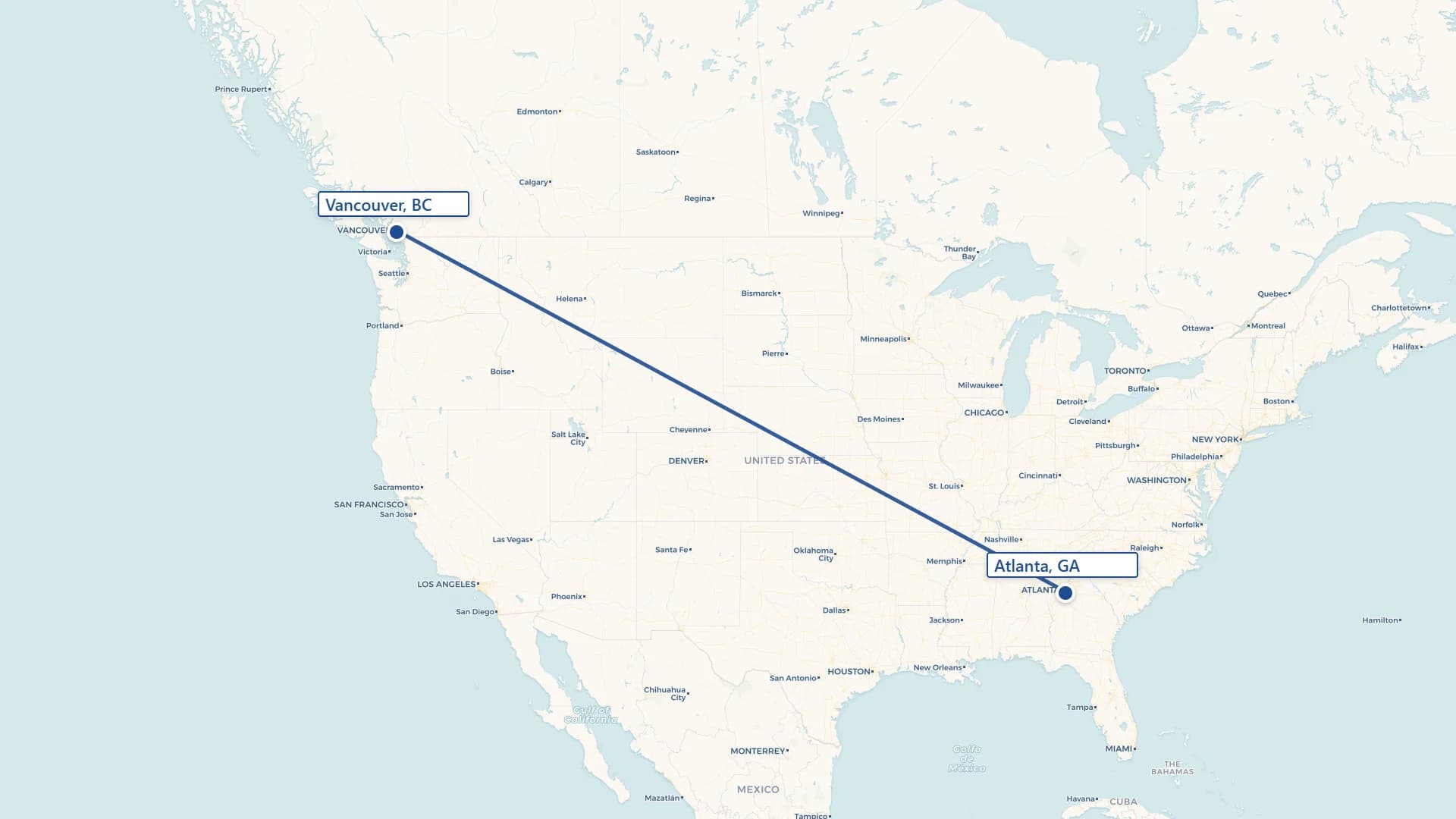 Map showing Vancouver to Atlanta cross-border shipping route