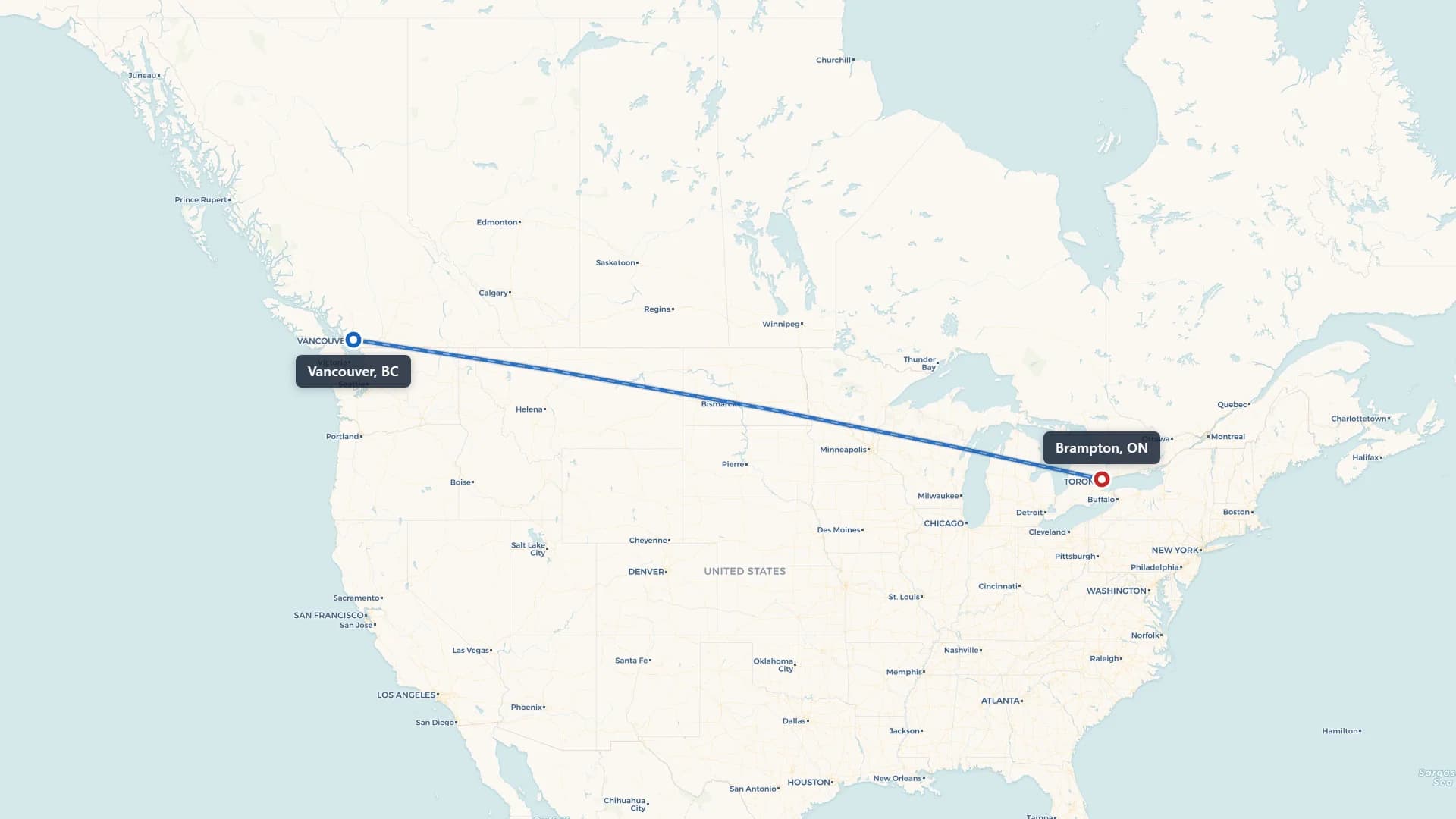 Route map showing car shipping from Vancouver to Brampton