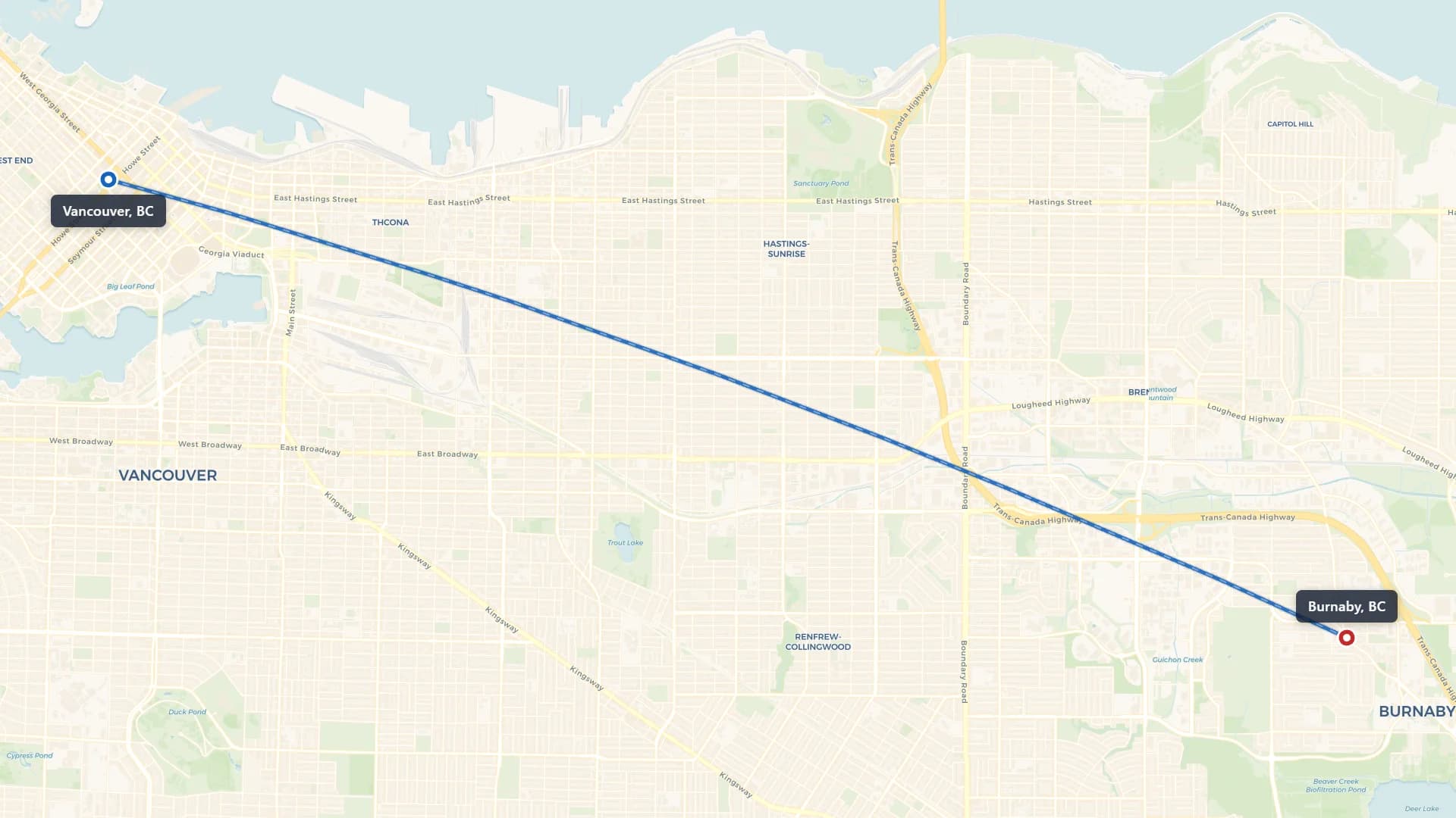 Route map showing car shipping from Vancouver to Burnaby