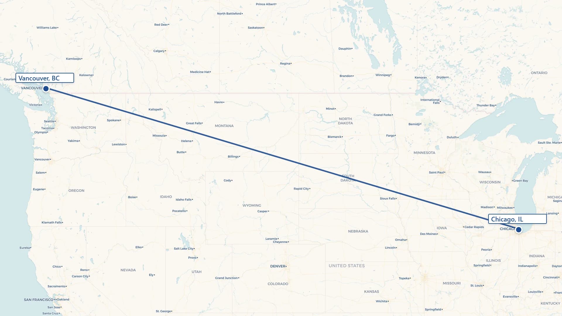 Map showing Vancouver to Chicago cross-border shipping route