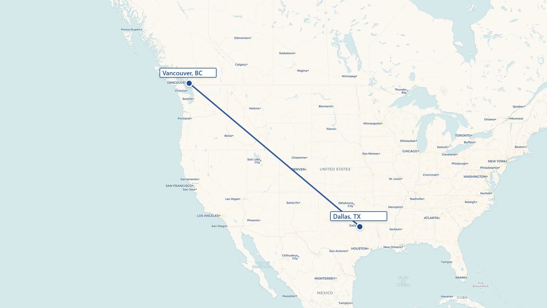 Map showing Vancouver to Dallas cross-border shipping route