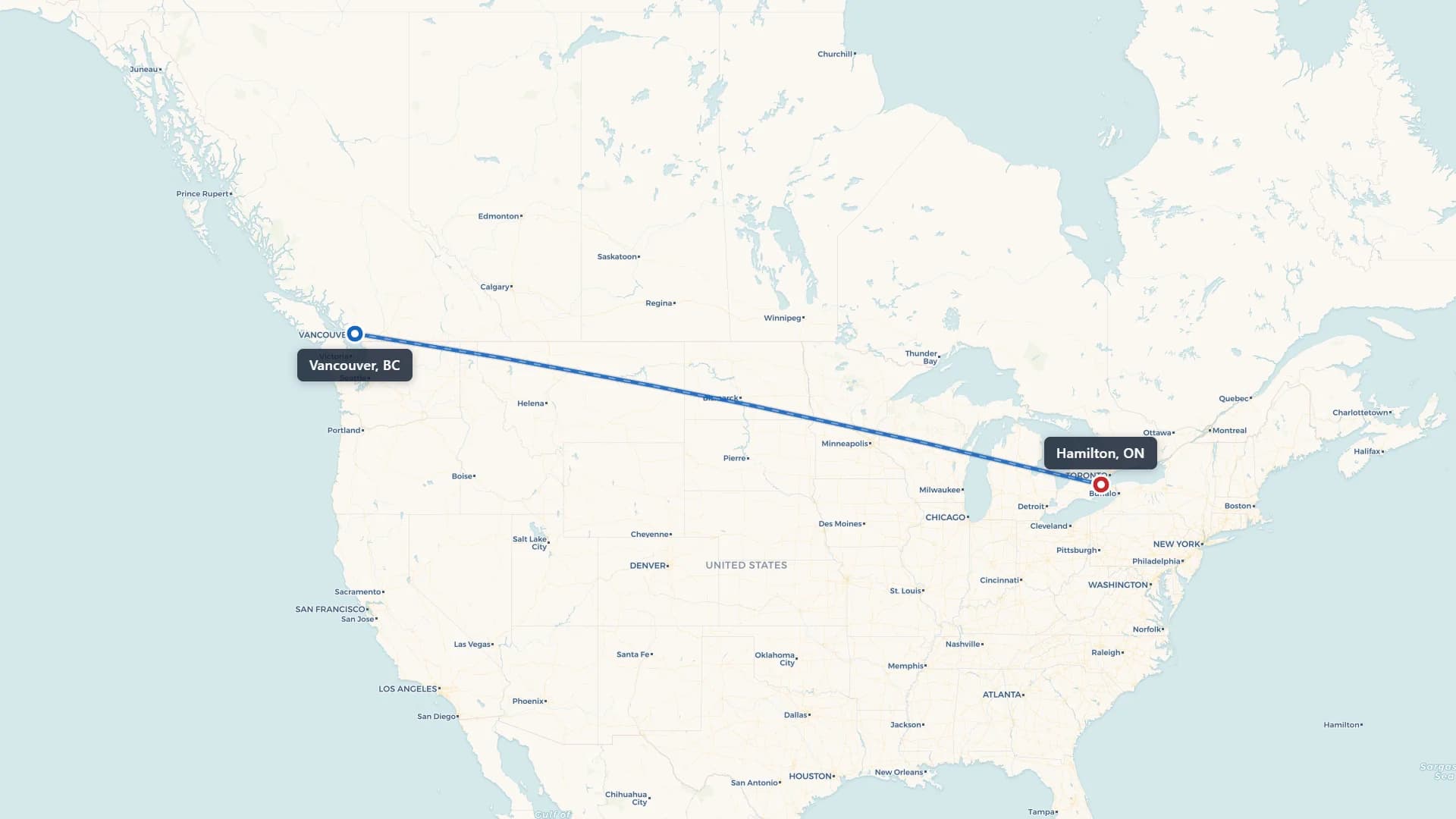 Route map showing car shipping from Vancouver to Hamilton