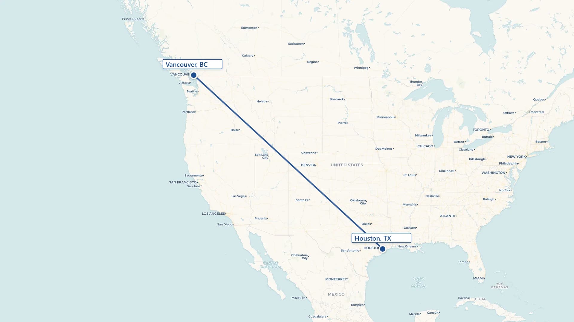 Map showing Vancouver to Houston cross-border shipping route