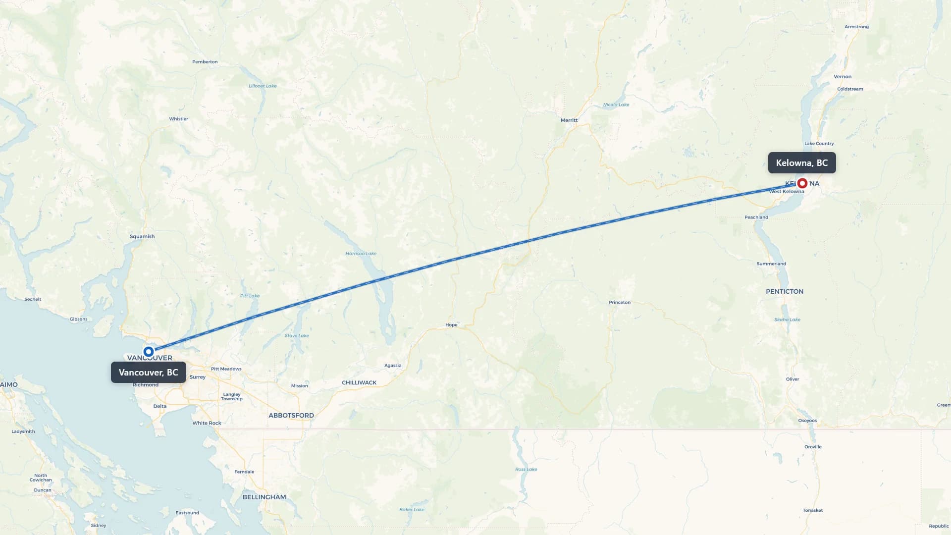 Route map showing car shipping from Vancouver to Kelowna