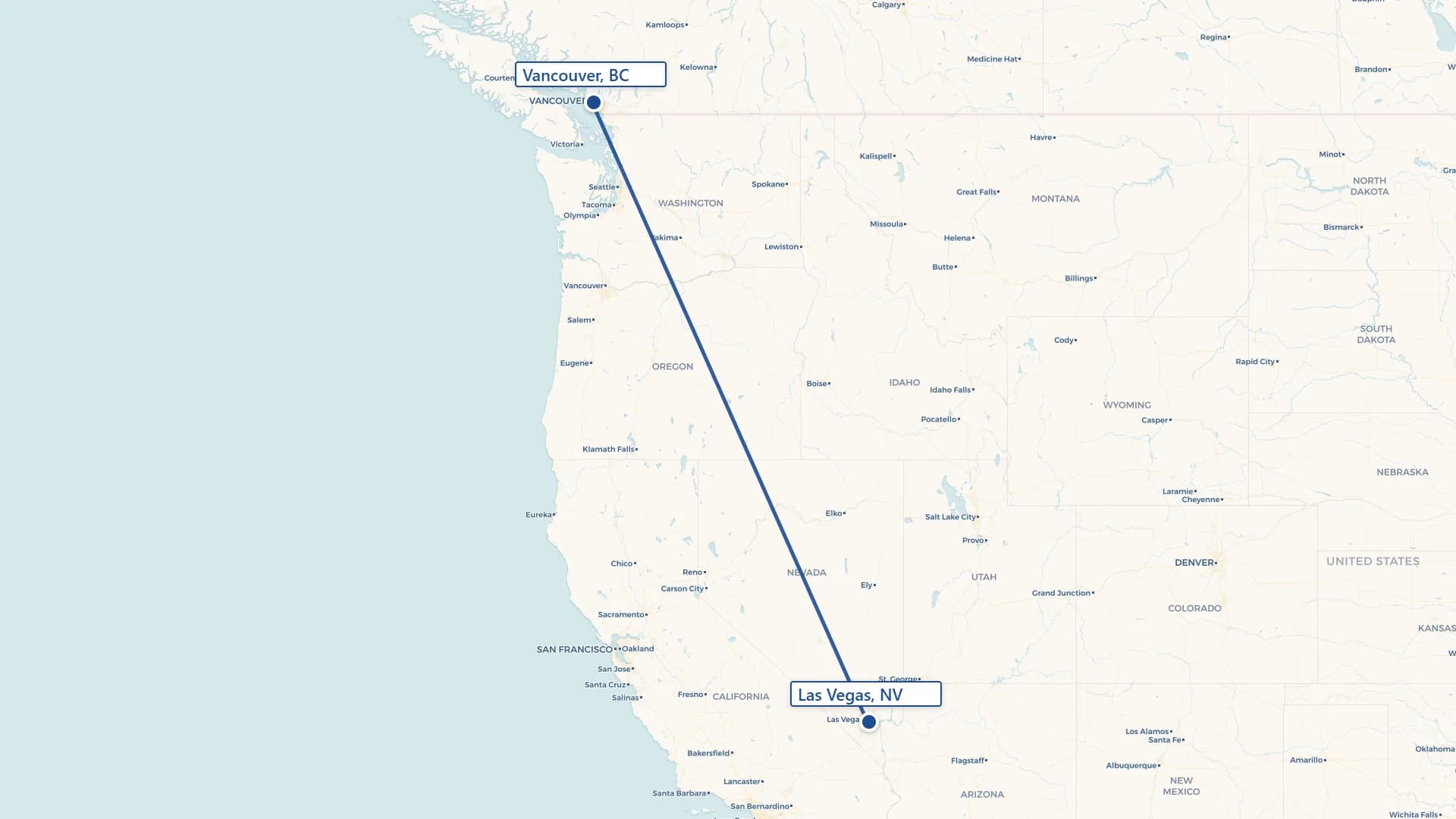 Map showing Vancouver to Las Vegas cross-border shipping route