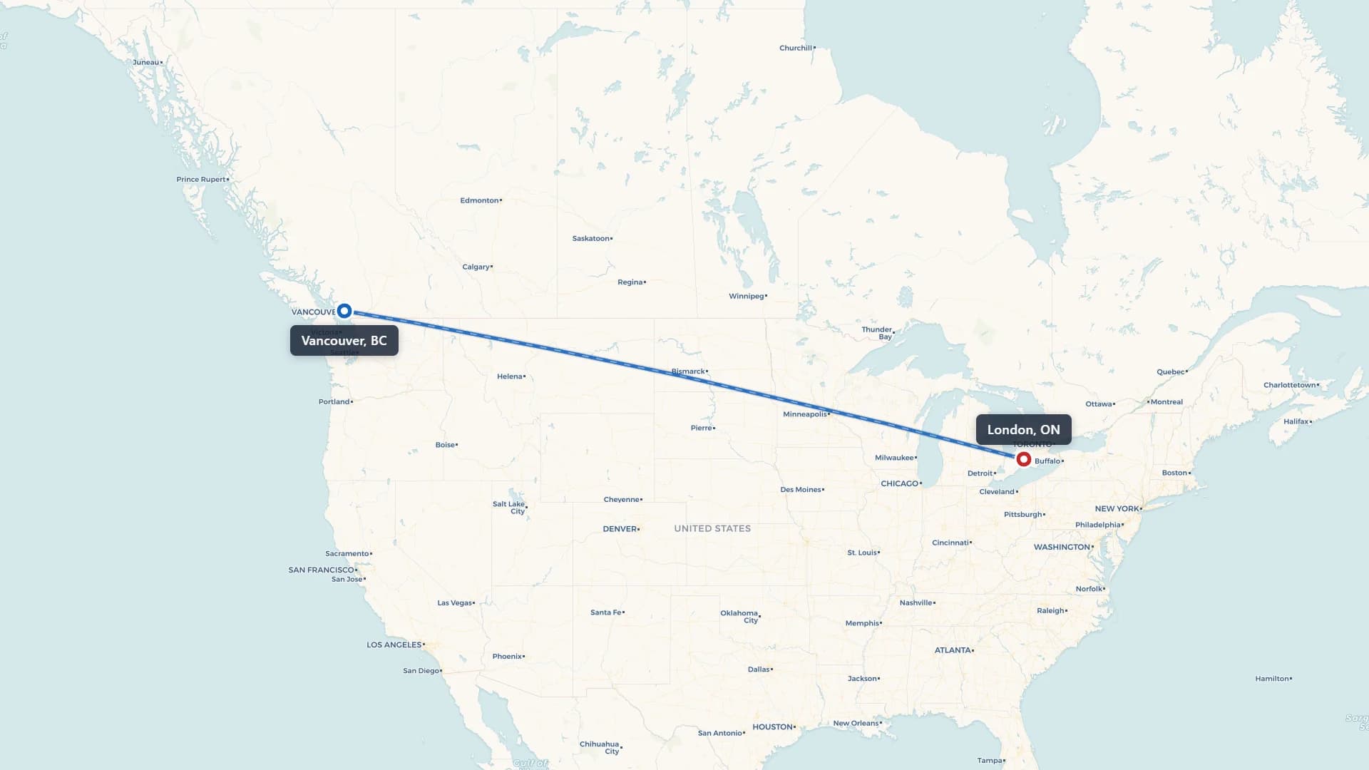 Route map showing car shipping from Vancouver to London