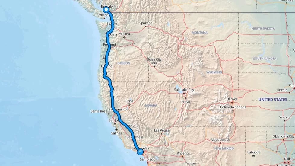 Map showing Vancouver to Los Angeles route