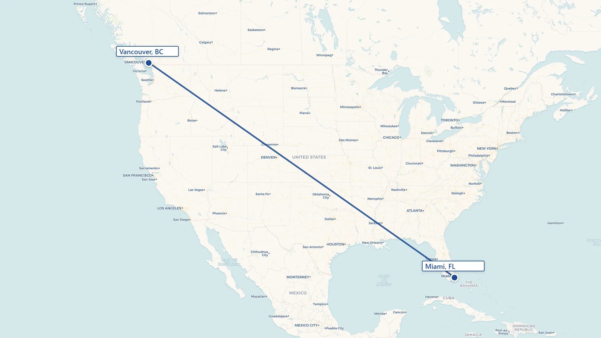 Map showing Vancouver to Miami cross-border shipping route