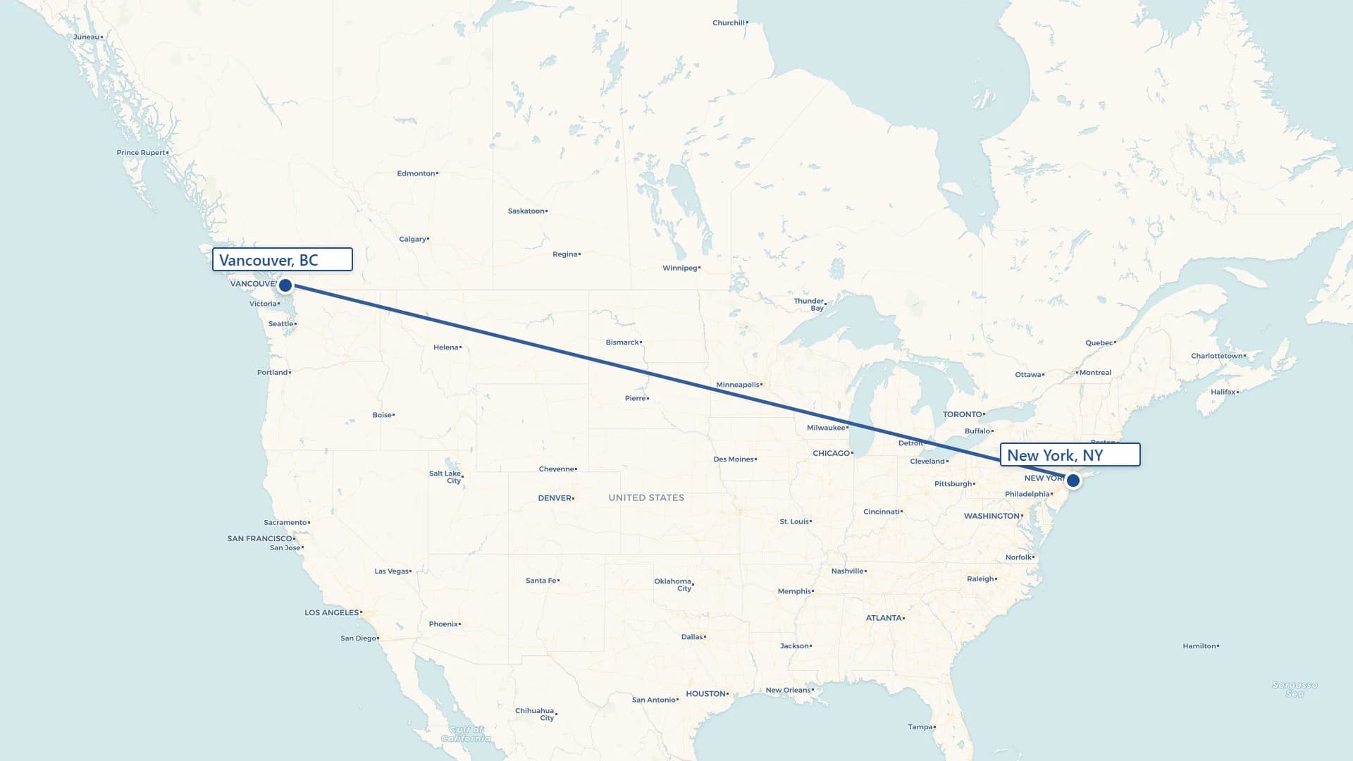 Map showing Vancouver to New York cross-border shipping route
