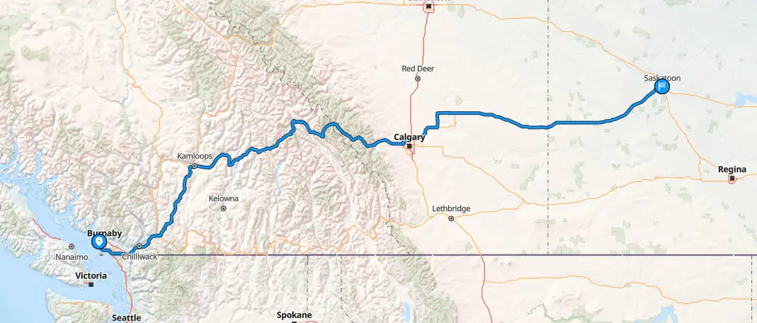 Map of route from Vancouver to Saskatoon