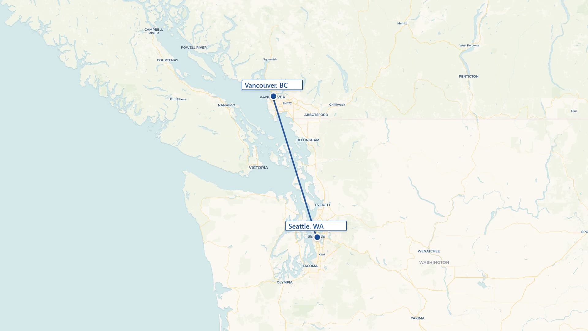 Map showing Vancouver to Seattle cross-border shipping route
