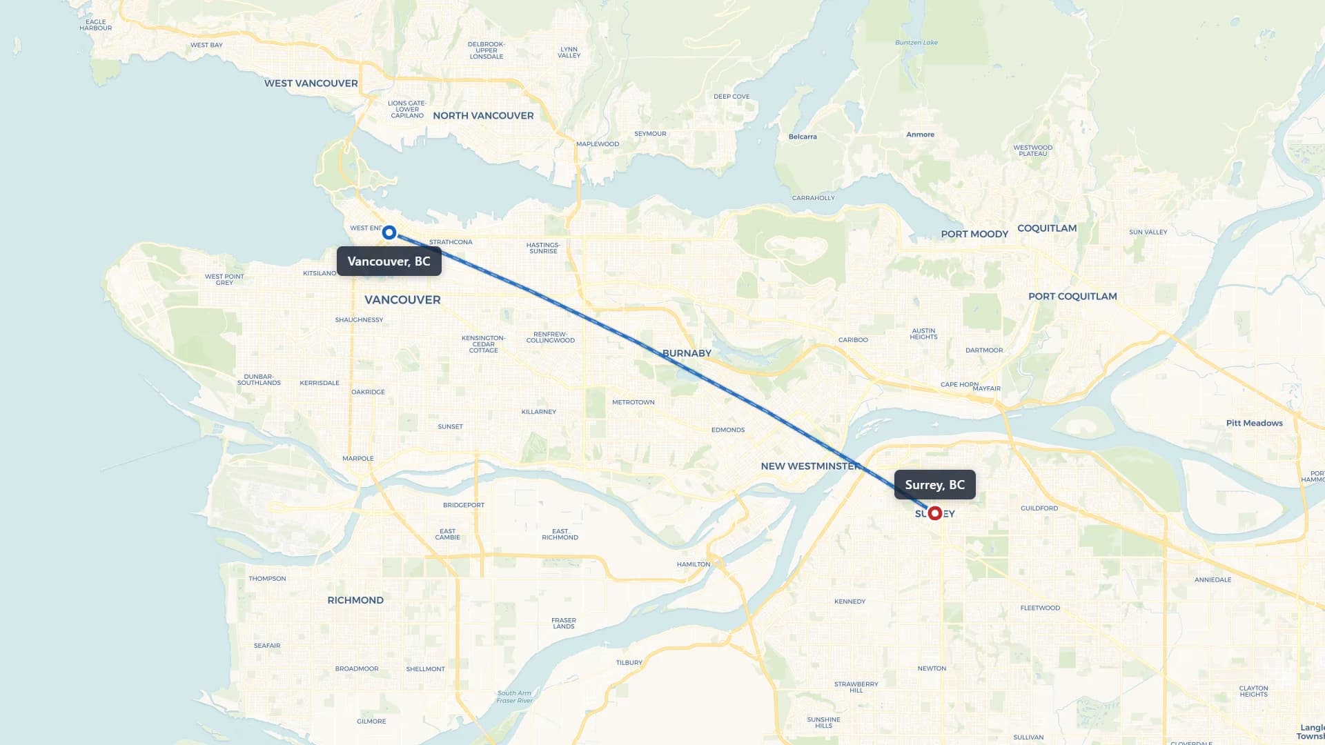 Route map showing car shipping from Vancouver to Surrey