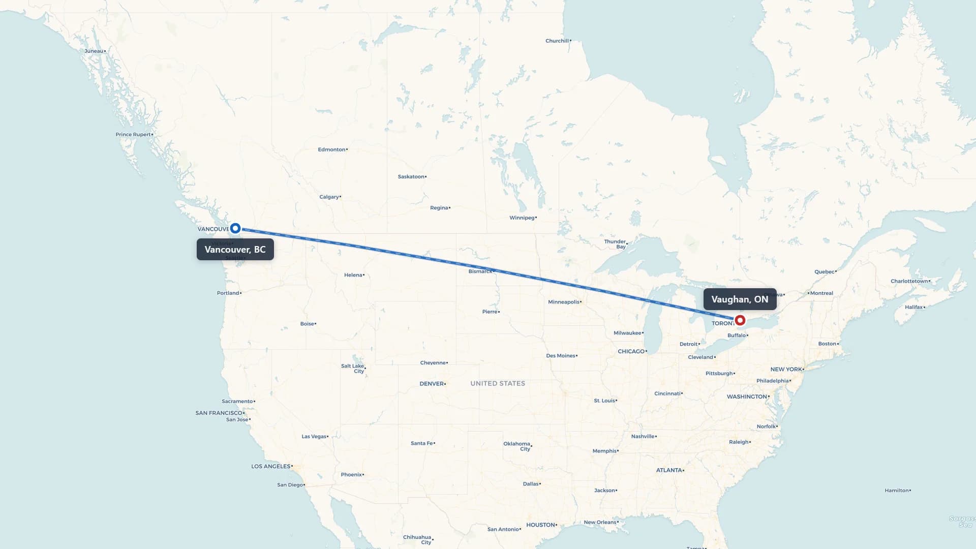 Route map showing car shipping from Vancouver to Vaughan