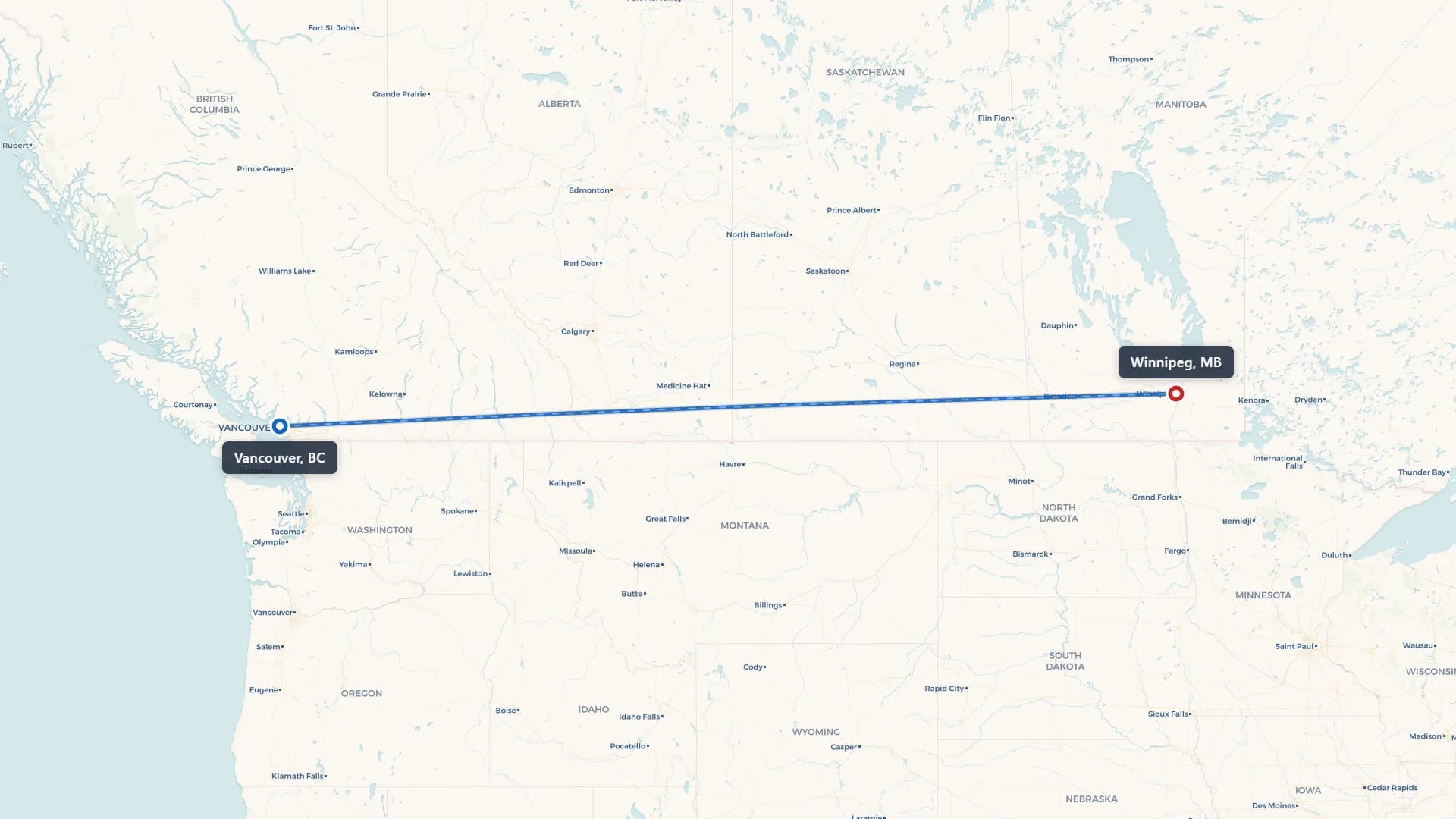 Route map showing car shipping from Vancouver to Winnipeg