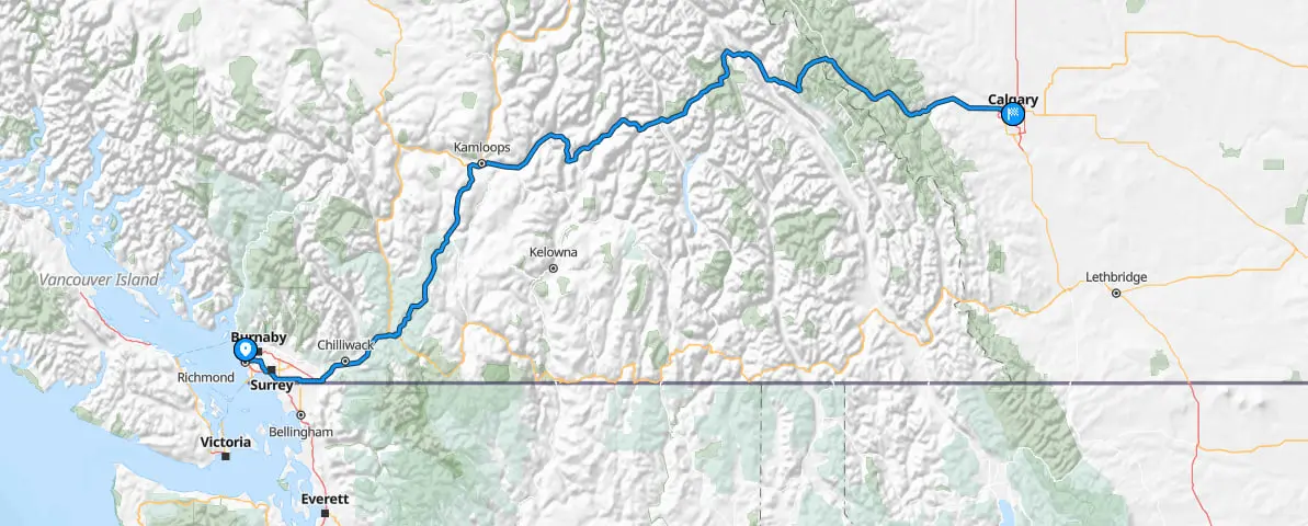 Map highlighting the route from Vancouver to Calgary