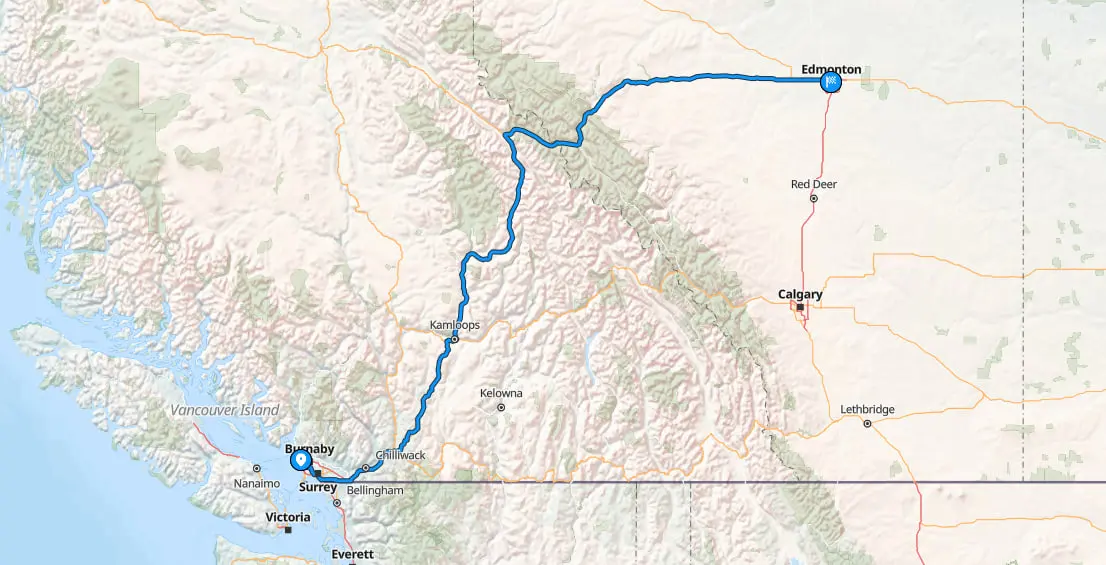 Map showing Vancouver to Edmonton route