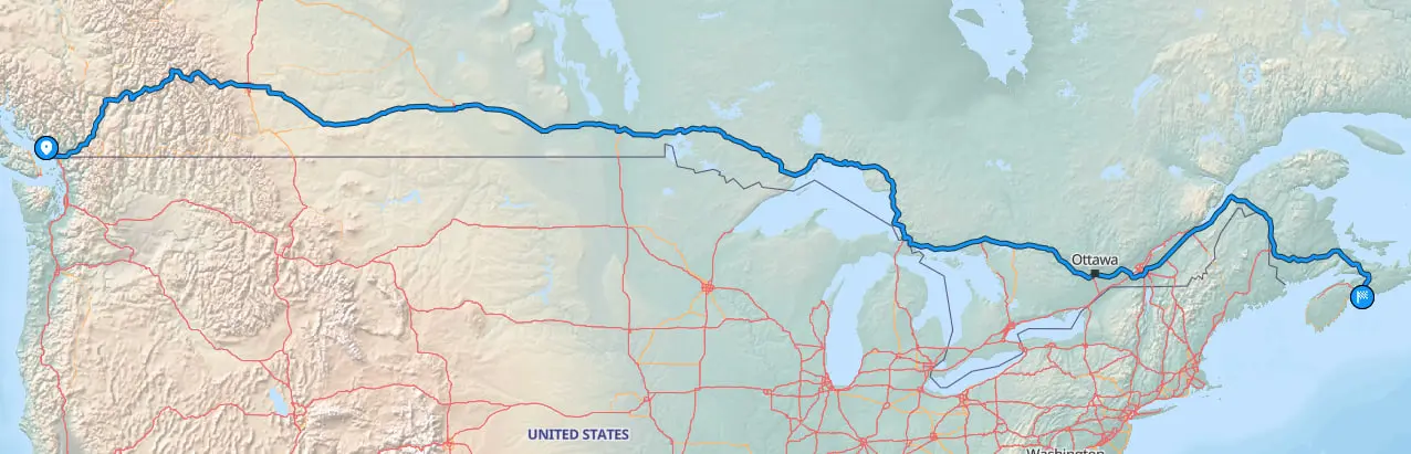 Route map from Vancouver to Halifax
