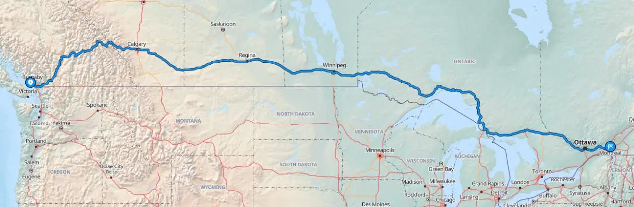 Map showing Vancouver to Montreal car shipping route